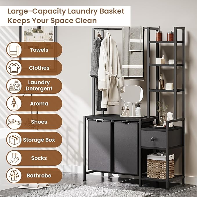 Laundry Hamper with Shelf, 5 Tiers Tall Laundry Basket Sorter with 2 Pull-Out and Removable Bags, Clothes Rack with Laundry Sorter for Laundry Room Bathroom Bedroom, Black