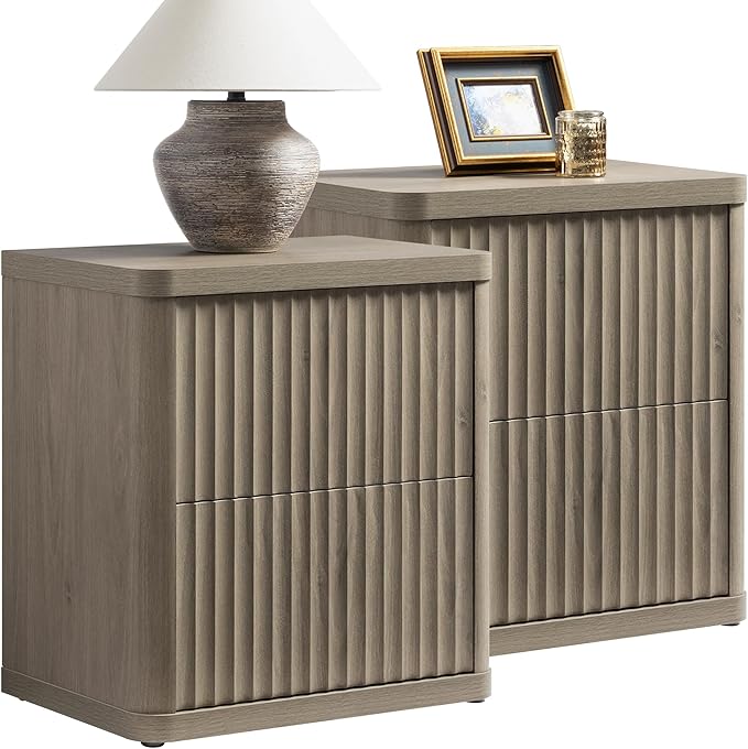 SICOTAS Night Stand Set of 2 Nightstands with 2 Drawers Storage Bedside Table Large Fluted Bed Side End Table Modern 24.4" Tall Wide Night Stands for Bedroom Living Room Sofa Couch Office, Grey Alder