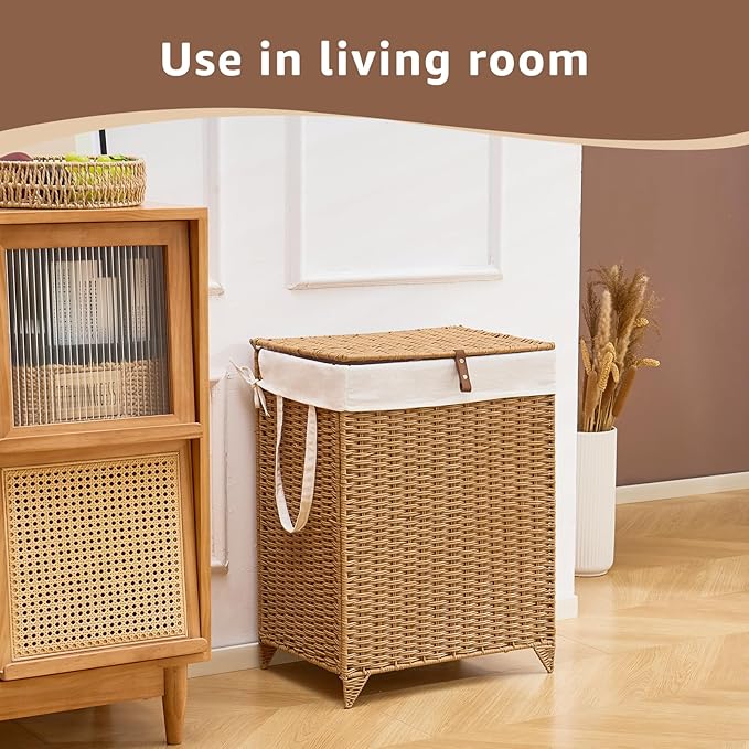 Laundry Hamper with Lid and Removable Liner Bag, Handwoven Rattan Clothes Hamper with Heightened Feet, Wicker Laundry Basket for Clothes and Towels，Middle