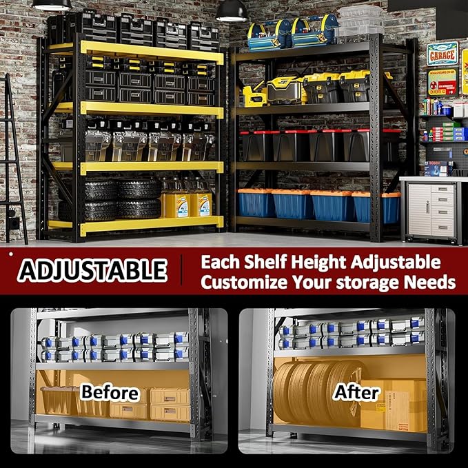 3000LBS Heavy-Duty Garage Shelving, 59" W Metal Shelves, 4-Tier Adjustable Garage Shelving Units, Storage Racks for Warehouse, Workshop