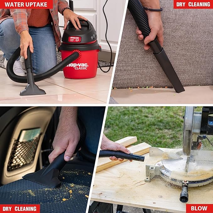 Shop-Vac 2.5 Gallon 2.0 Peak HP Wet/Dry Vacuum, Portable Compact Shop Vacuum with Top Handle, Wall Bracket & Attachments