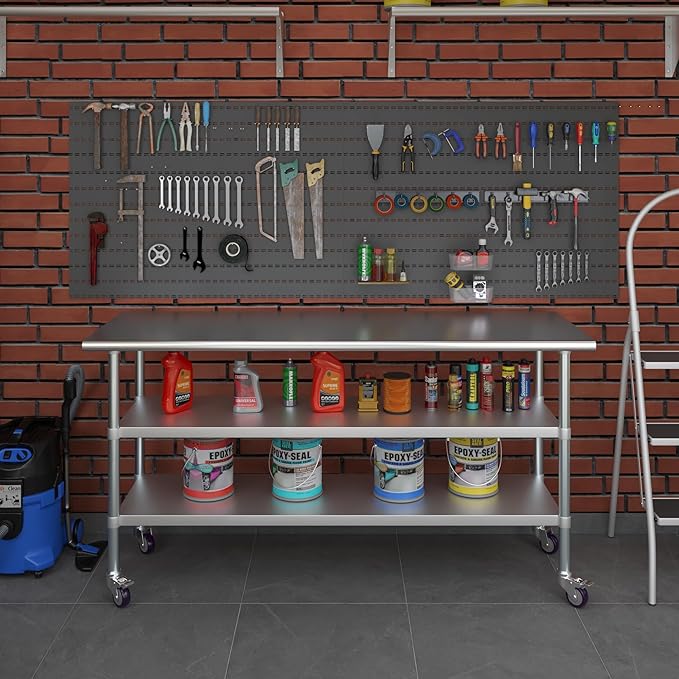 AmGood Stainless Steel Work Table with 2 Shelves and Casters | Metal Utility Table On Wheels (Stainless Steel Work Table with 2 Shelves + Casters, 72" Long x 24" Deep)