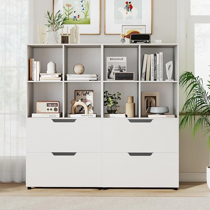 Giantex Bookshelf with 4 Cubes & 2 Drawers, 51” Tall Floor Bookcase with Anti-tip Kits, Freestanding Display Rack Storage Organizer for Study, Living Room, Home Office (White)