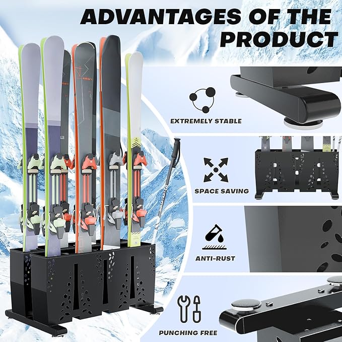 Ski Storage Rack for Garage, 8 Pair Heavy Duty Steel Freestanding Ski Storage Organizer, Indoor Ski Holder Racks for Home and Garage Storage