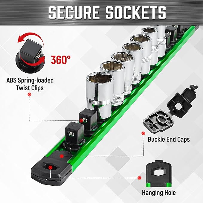 ALOANES 3-Piece Magnetic Socket Organizer, Heavy Duty Aluminum Rails With 360 Swivel Clips, Holder Kit for Tool Box, 1/2, 3/8, 1/4-Inch x 40 Clips (Green)