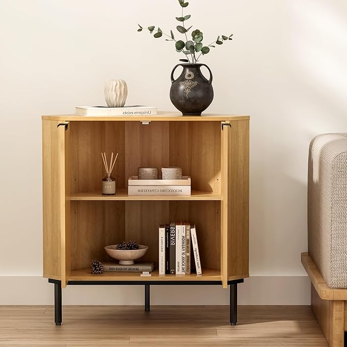 Modern Corner Cabinet, Fluted Small Floor Storage Cabinet with Adjustable Shelf, Freestanding Narrow Organizer for Living Room Kitchen, Natural Oak