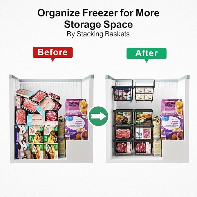 iSPECLE Freezer Organizer Bins - 3 Pcs Small Stackable Baskets & 1 Pcs Hanging Deep Freezer Organizer Bins for 7 Cu.Ft Chest Freezer Easily Gets Bottom Food, Adds Space to Store More Food, Black