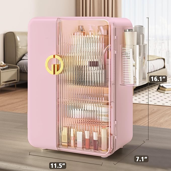 UAK Makeup Organizer with Drawers for Vanity, Cosmetic Display Case with Brush Holders, Storage for Skincare Countertop Bathroom (Pink)