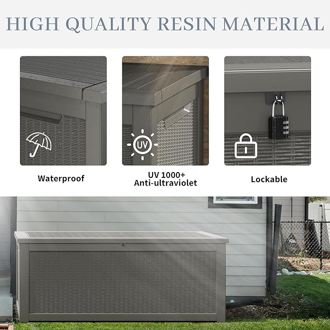 260 Gallon Large Resin deck box Waterproof,Outdoor Storage Bench,Patio Storage Box,Garden Tool Storage,Resin Large Sturdy Deck boxes with Double Wall Panels,Rattan Gray