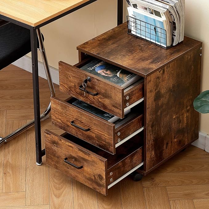 TUKAILAi Mobile File Cabinet with 3 Drawers, Lockable Storage Unit Wooden Rolling Office Filing Cabinet with Wheels, for Legal/Letter/A4 Sized Documents Home Office (Rustic Brown 2PCS)