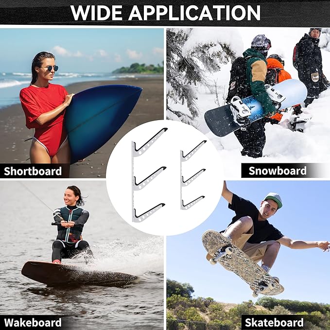 3 Board Surf Rack Wall Mount for Surfboard, Wakeboard, Snowboard Storage Adjustable Wall Hangers Boards Display
