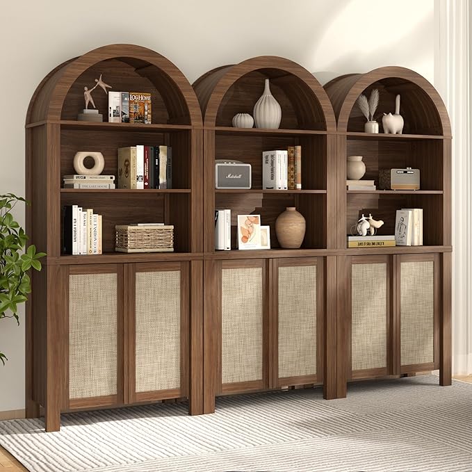 Yechen Arched Bookcase, 70.5" Tall Bookcase with Storage, Mid-Century Modern 5 Tier Bookshelves with Door, Boho Rattan Bookshelf for Living Room Kitchen Office Bedroom Library, Dark Walnut,1 PCS