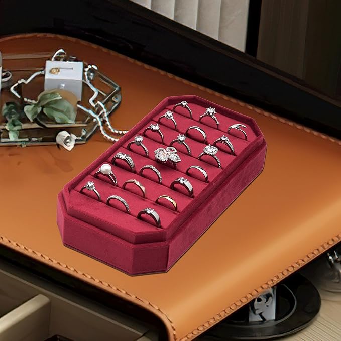 Velvet Ring Organizer Display Tray Jewelry Box Earring Holder Case for Wedding Birthday Christmas Day (Red)