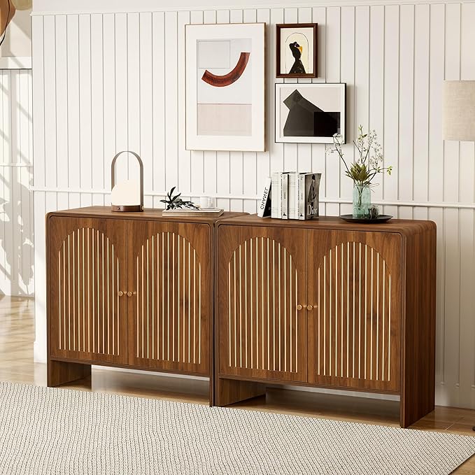 Sideboard Buffet Cabinet with Storage, Wood Arched Storage Cabinet with 2 Doors and Adjustable Shelf, Small Curved Entryway Accent Cabinet for Living Room Hallway Kitchen Dining Room, Walnut