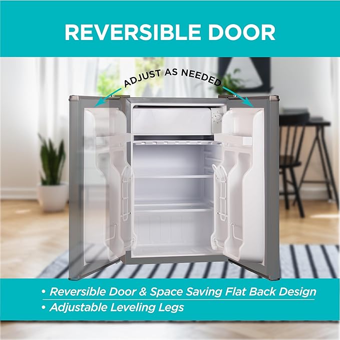 BLACK+DECKER 2.5 Cu. Ft. Compact Refrigerator, ENERGY STAR Certified, Single Door Mini Fridge with Chiller Compartment, Personal Fridge for Home or Dorm Room, R600a Refrigerant, BCRK25V,Stainless Look