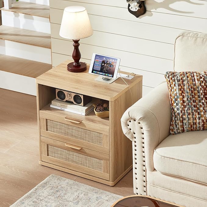 LEYAOYAO Rattan Nightstands Set of 2 with Charger Station, 23" Wide Boho Night Stand with 2 Drawers, Natural Wood Bedside Table Open Shlef, Bed Side End Table Dresser for Bedroom, Living Room Hallway