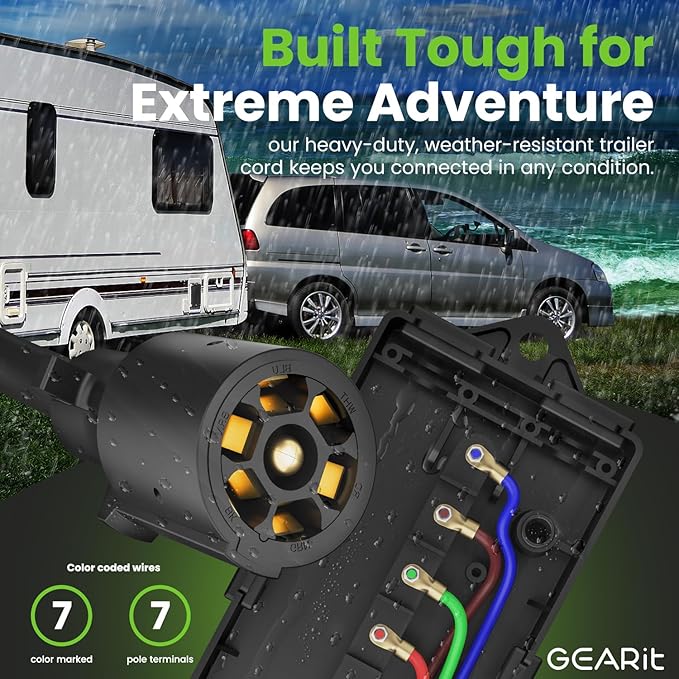 GEARit 7 Way Plug Inline Trailer Cord (16 Feet) with 7 Gang Junction Box - Weatherproof Wiring Harness Cable with Waterproof Junction Box for RV Trailers and Campers - 16Ft