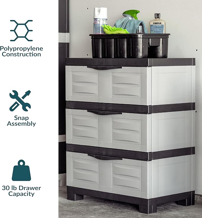 Sunnydaze 3-Tier Storage Cabinet with Drawers - Indoor or Garage Plastic Storage Drawers Organizer - 29.5" H - Garage, Office, Home, Laundry Room - Gray w/Charcoal Trim