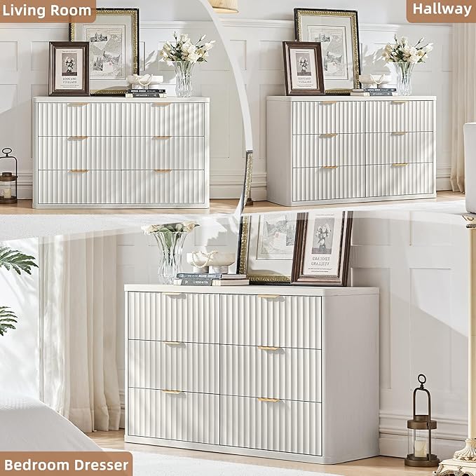 LEYAOYAO Fluted 6 Drawers Dresser, 48" Wide Modern Chest of Drawers with Wood Grain Top, Curved Profile Design, Dresser TV Stand, Wood Drawer Organizer for Bedroom, Living Room, Antique White