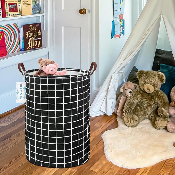 LANGYASHAN Laundry Basket Canvas Fabric Collapsible Organizer Basket for Storage Bin Toy Bins Gift Baskets Bedroom Clothes Children Nursery Hamper (Black Grid)