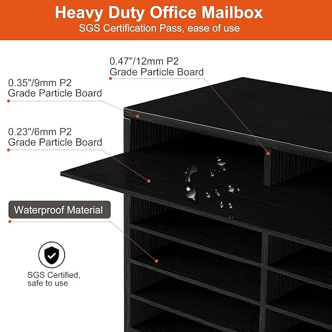 TQVAI Wood Literature Organizer, 36 Slots Classroom Mailbox with Adjustable Dividers, Mail Sorter Organizer Countertop Vertical Heavy Duty Office Mailbox Cubbies, Black