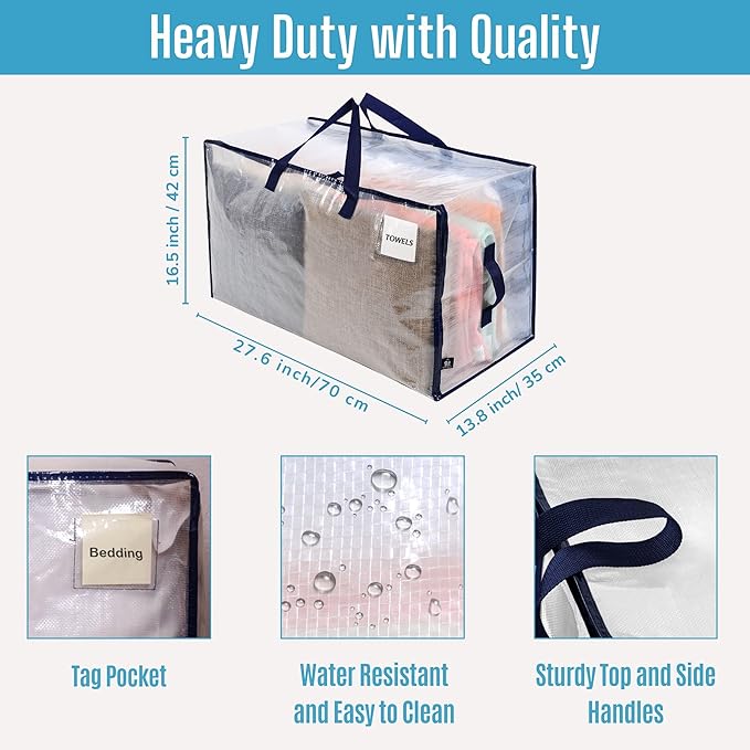 VENO 2 Pack Moving Bags and Large Christmas Decoration Storage Bins with lids. Alternative to Moving Boxes, Packing Supplies for College. Heavy Duty Totes (Clear, 2 Pack)