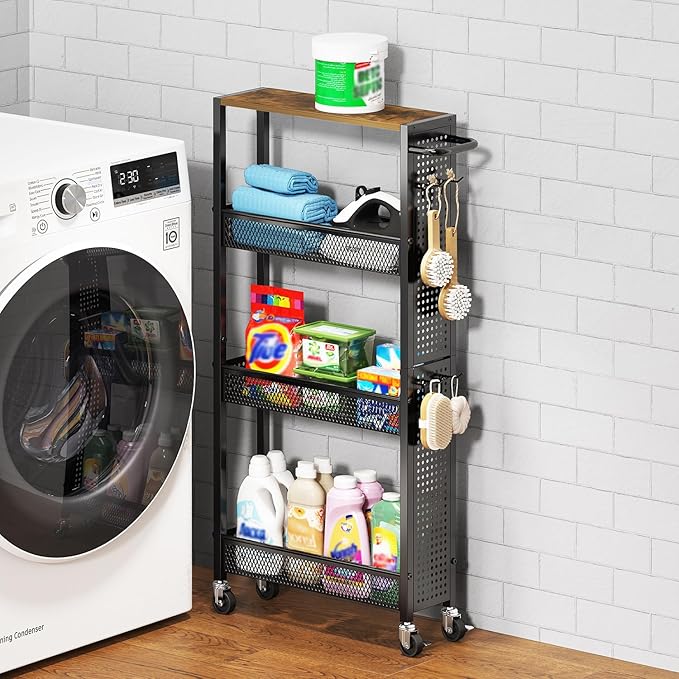 Utility Slim Storage Cart 4 Tier Small Rolling Kitchen Laundry Room Organization Cart with Wood Top Metal Narrow Laundry Room Shelves Cabinet Unit Laundry Organizer Trolley with Handle for Small space
