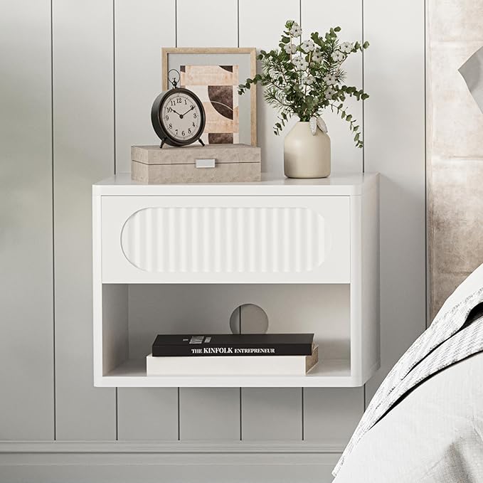 Floating Nightstands with Drawer Set of 2, Modern Wall Mounted Bedside Tables for Bedroom, Space Saving Storage Cabinets, Easy Install Hanging Shelf Night Stands for Small Spaces (White)