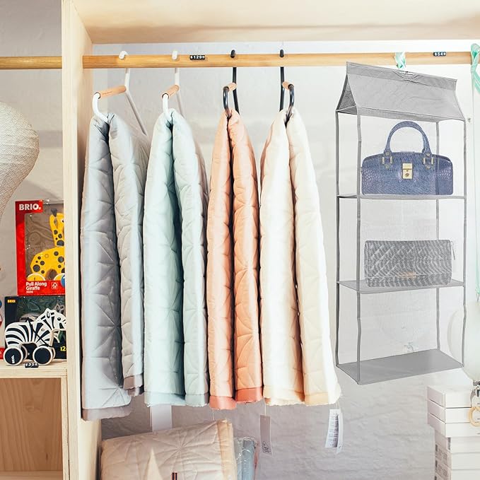 Grey Hanging Storage Organizer Bag Dustproof Mesh Compartments for Closet Wardrobe Bedroom Living Practical Hanging Storage Bag for Handbags Shoes Sweaters and Household Items