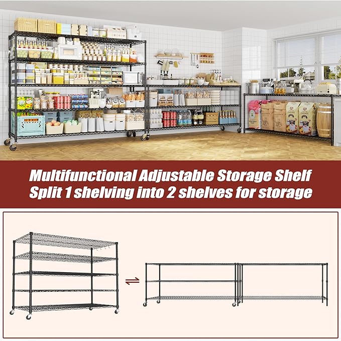 PrimeZone 5 Tier 80.7" Hx55.5 Wx24 D Wire Shelving with Wheels 3000lbs NSF Certified Storage Shelves Heavy Duty Metal Shelf Adjustable Rolling Rack Commercial Garage Restaurant Warehouse Kitchen 4Pcs