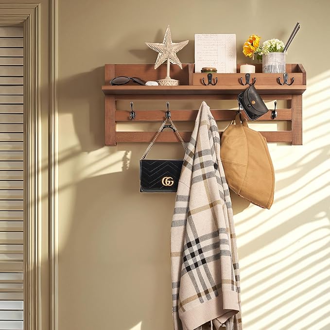 Coat Rack Wall Mount with Hooks & Shelf - Wooden Entryway Organizer for Hanging Coats, Keys, Hangers - Space Saving Durable Wood Holder for Hallway, Bedroom, Office-The Essential Model