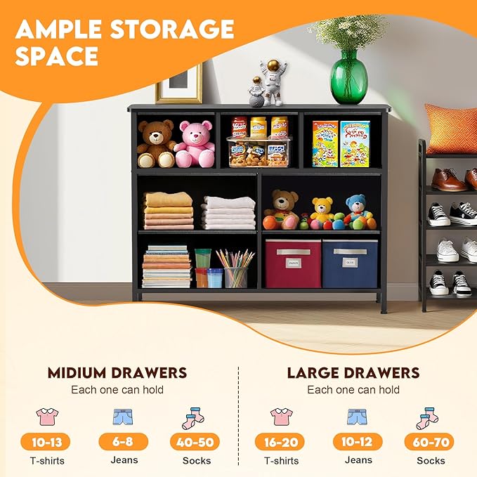 Curved Profile Dresser for Bedroom, Chest of Drawers, 7 Storage Drawers Organizer Unit, Black Dresser with Fabric Bins for Closet, Living Room, Kid Room (Charcoal Black)