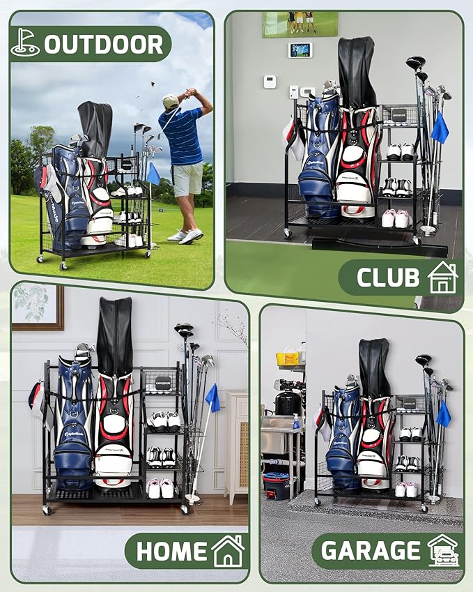 Golf Bag Storage Organizer Rack for Garage, 2 Golf Bag Stand with Rolling Wheels, Heavy-Duty Metal Golf Equipment Organizer for Home, Garage, Clubhouse