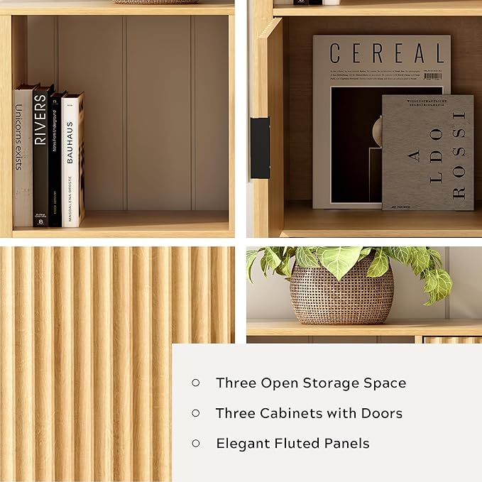 Fluted Storage Bookshelf Set of 2, Modern Wooden 6 Cube Bookcase with Doors and Open Shelf, 2-Tier Short Organizer Book Shelf for Living Room, Bedroom Natural Oak