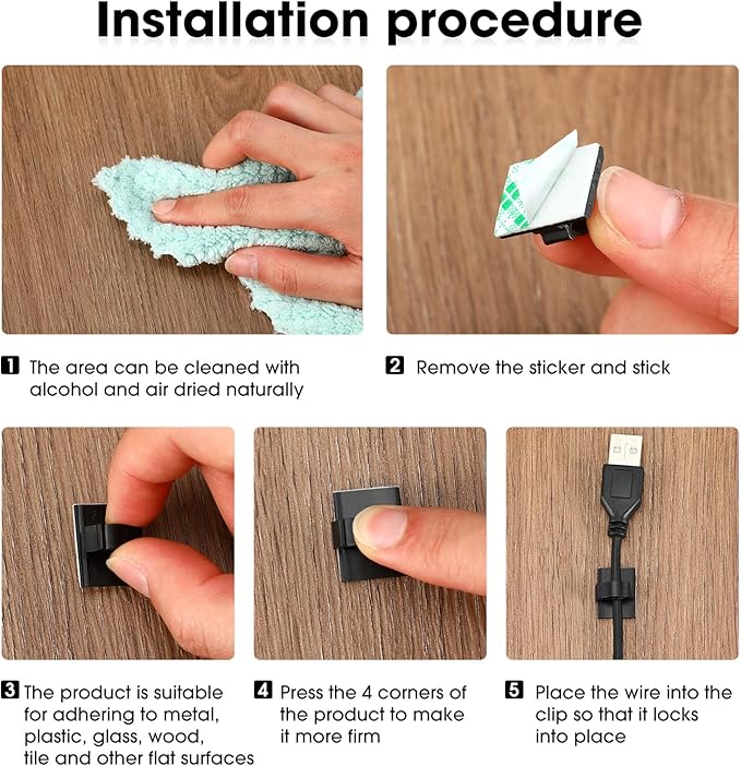 EBOOT 200 Pieces Adhesive Cable Clips Wire Clips Cable Wire Management Wire Cable Holder Clamps Cable Tie Holder for Car, Office and Home