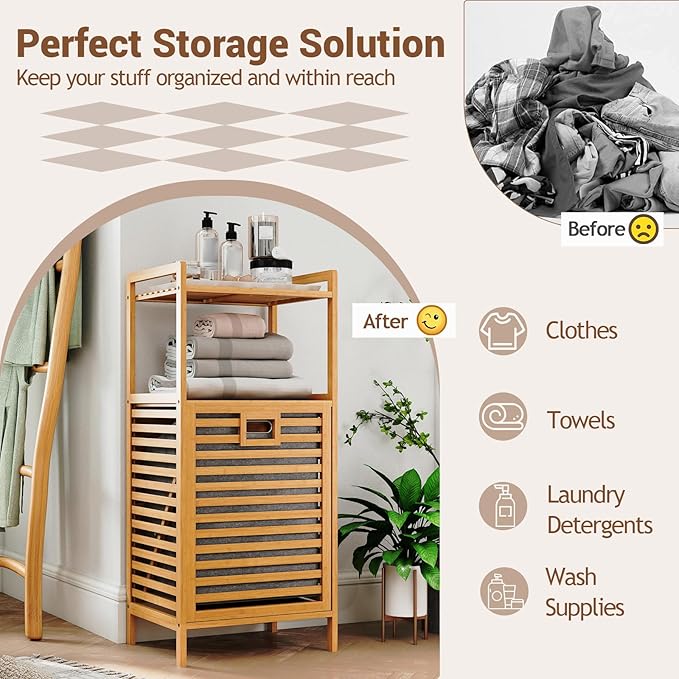 GOFLAME Tilt-out Laundry Hamper with 2-Tier Shelves, Bamboo Laundry Baskets Organizer with Removable & Foldable Fabric Liner, Bathroom Storage Shelf Cabinet for Laundry Room, Bedroom