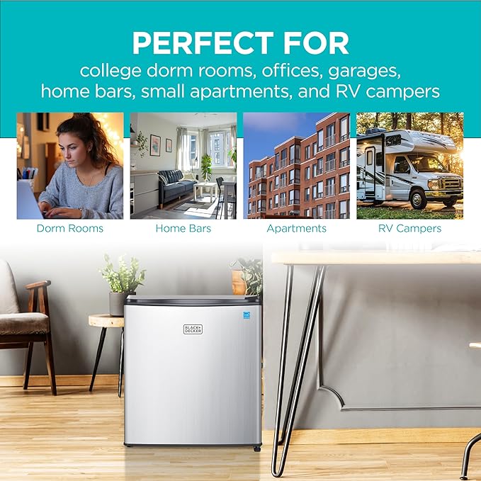 BLACK+DECKER 1.7 Cu. Ft. Compact Refrigerator, ENERGY STAR Certified, Single Door Mini Fridge with Chiller Compartment, Personal Fridge for Home or Dorm Room, R600a Refrigerant, BCRK17V,Stainless Look