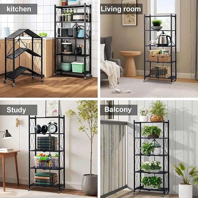 GlowSol 5 Tiers Folding Storage Shelves with Wheels-62.6" No Assembly Rolling Collapsible Shelves, Utility Metal Shelving Rack for Pantry,Kitchen and Garage,300kg Capacity