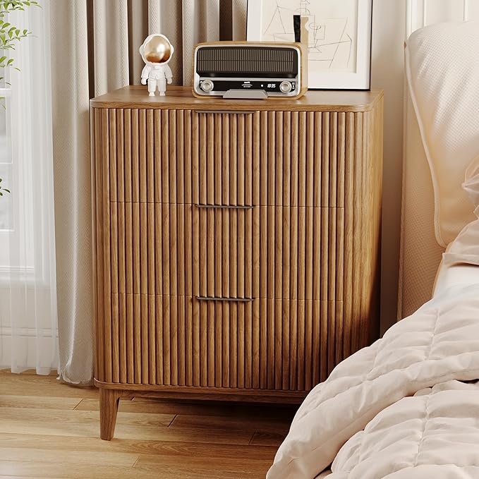 3 Drawer Fluted Dresser for Bedroom, Modern Closet Dressers Chest of Drawers, 23.6" Rustic Wood Nightstand 3-Drawer Dresser Bedside Table, Curved End Table with 3 Large Drawers for Living Room Walnut