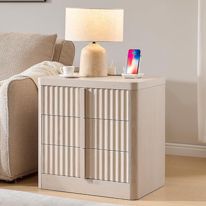 23.6" Nightstand with Charging Station, Side Table with 3 Large Storage Drawers, Mid Century Modern Night Stand with Solid Wood Handle, Bedside End Table for Bedroom, Living Room, Closet