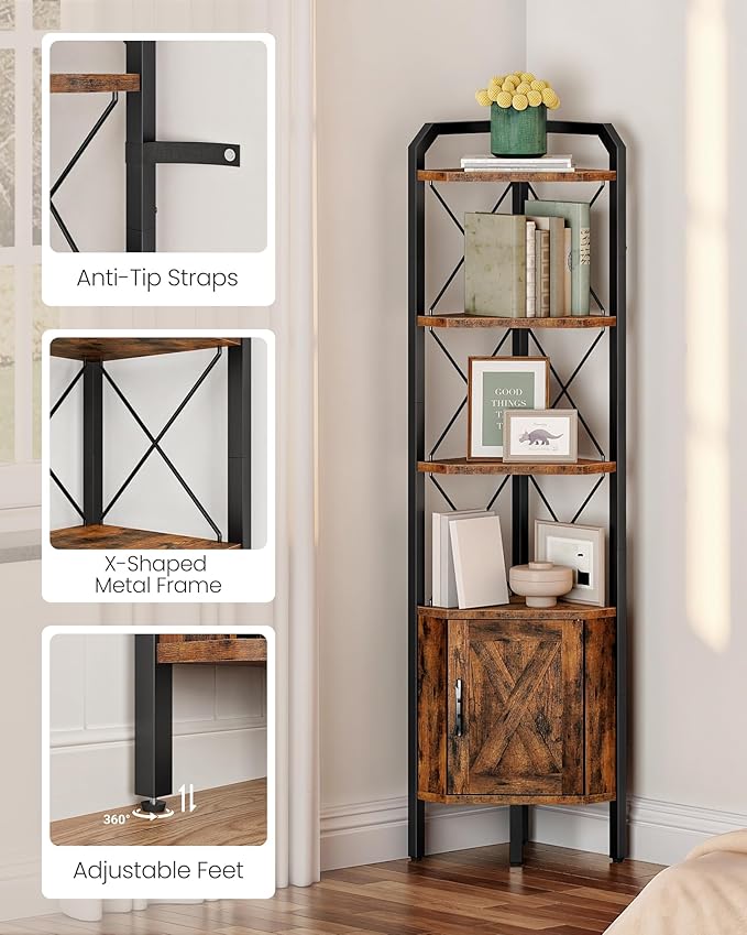 62.2" Corner Shelf with Cabinet, 4-Tier Tall Corner Bookshelf with X-Shaped and Diamond Design, for Living Room, Bedroom, Bathroom Storage, Rustic Brown and Black
