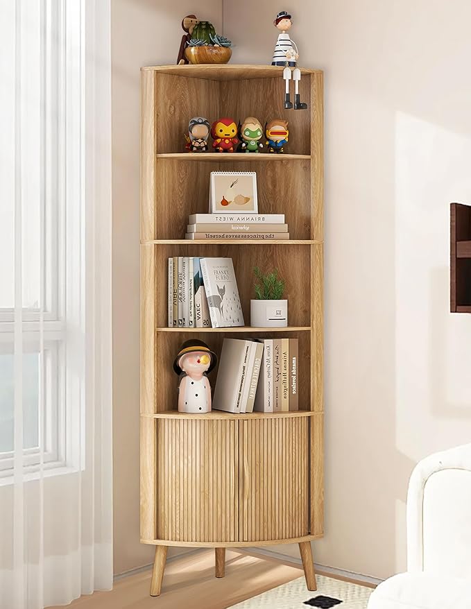 Corner Cabinet, 66.73'' Tall Modern Corner Bathroom Storage Cabinet with 2 Fluted Doors and Shelves, Home Space Saver for Kitchen, Living Room, Study Room (Wood Color, 66.73''H)