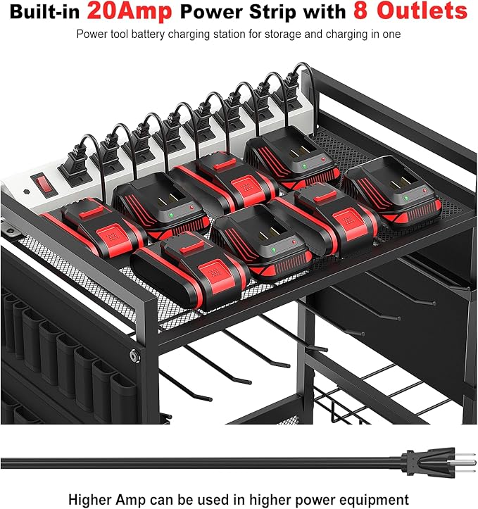 JUNNUJ Garage Large Power Tool Organizer Cart with 20A Charing Station, Heavy Duty Drill and Tools Battery Holder Storage Rack, Floor Standing Rolling Tool Cart on Wheels, Black