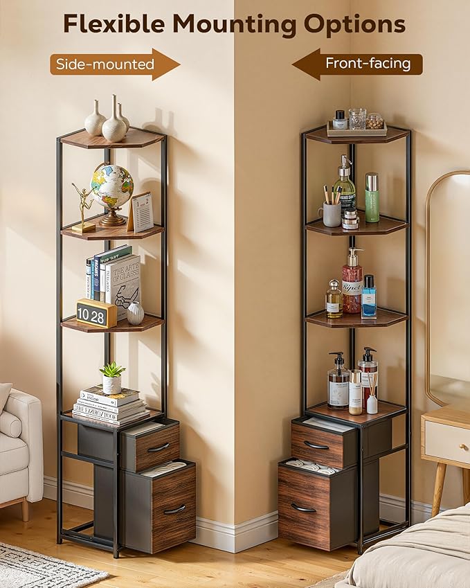 Housolution Corner Shelf Stand with Storage, 63.8'' Tall 6-Tier Corner Bookshelf Includes 2 Fabric Drawers, Freestanding Corners Storage Shelf for Living Room Bedroom Kitchen Bathroom (Black + Brown)