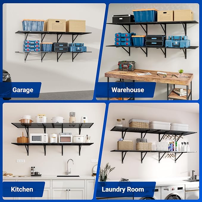 FLEXIMOUNTS 2x6ft Heavy Duty Garage Storage Wall Shelving, 1600lbs Load Capacity, 2 Pack Wall Mounted Storage Rack, 24x75 inch Rack Floating Shelves for Garage Organization, Snap Assembly, Pro Series