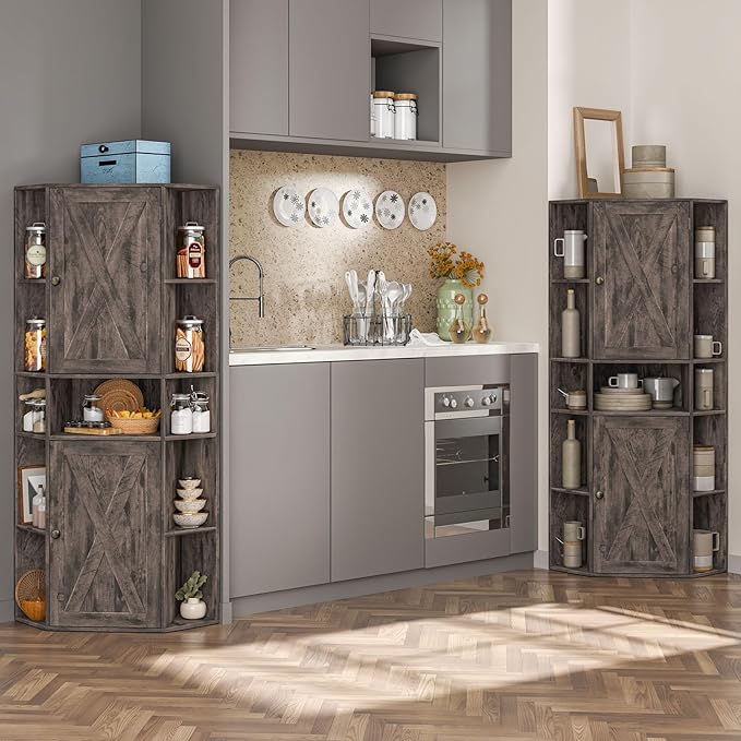Farmhouse Corner Cabinet, Tall Corner Storage Cabinet with Barn Doors and Adjustable Shelves Wooden Display Bookshelf Pantry Cabinets Organizer Home Furniture for Bathroom, Living Room