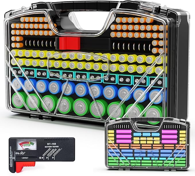 Battery Organizer Storage Holder Box Case with Tester, New Ultra-Large 285+Batteries Double-Sided Variety Pack, Holds AA AAA 4A C D Button Cell 9V 3V CR123 CR1632 LR44 Lithium18650 CR2 Black