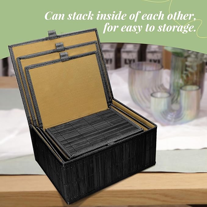 Wicker Basket With Lid Bamboo Storage Box for Shelf Bamboo Decor Storage Boxes With Lids-Rectangle Decorative Basket With Lid Organizer for Bedroom,Living Room (Set of 4,black)