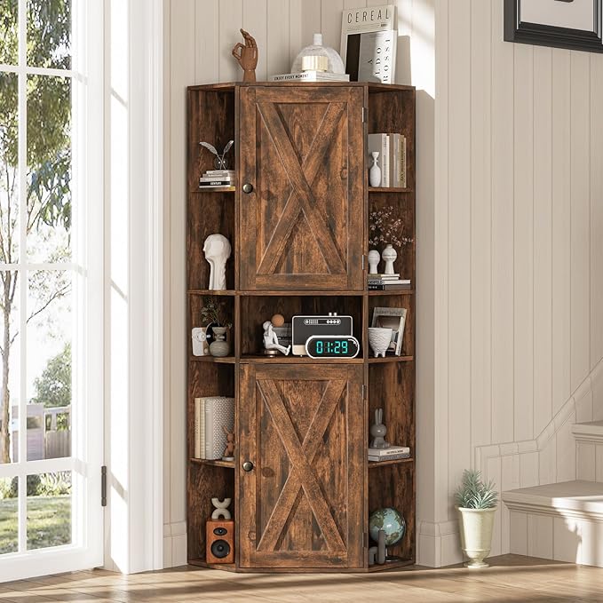 Farmhouse Corner Cabinet with Storage, Tall Corner Storage Cabinet with Adjustable Shelves and Barn Doors Farmhouse Cube Organizer Furniture Bookshelf Cabinets for Bathroom, Living Room (Rustic Brown)