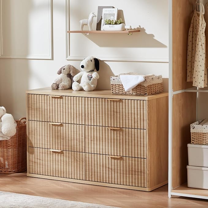 LEYAOYAO Fluted 6 Drawers Dresser, 48" Wide Modern Chest of Drawers with Woodgrain Top, Curved Profile Design, Dresser TV Stand, Wood Drawer Organizer for Bedroom, Living Room, Hallway,Wood
